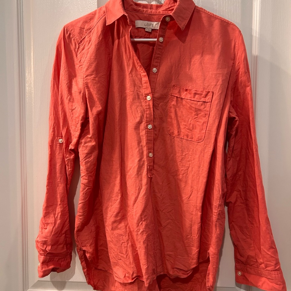 LOFT Women’s Papaya Linen Button Down Shirt Size M